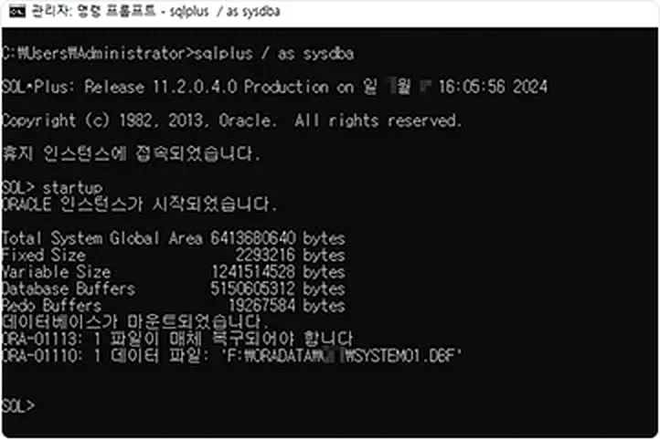 Oracle DB OPEN 실패 ORA 에러 화면