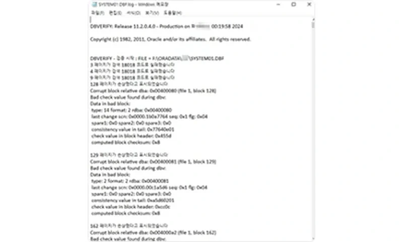 dbv SYSTEM01.DBF 블록 손상 조사