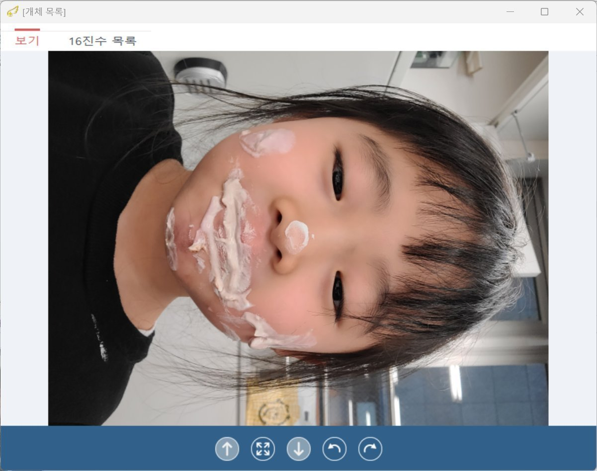 복구천사 PRO 데이터 검증 - JPG 이미지 파일 미리보기 정상 표시 (보기 / 16진수 목록 탭, 회전 / 화면 맞춤 컨트롤)