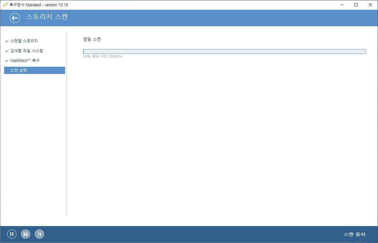 복구천사 Standard 포맷 복구 STEP 6 - 스토리지 스캔 진행, 정밀 스캔 0.2% 진행 경과 시간 00:00:14, 좌측 메뉴 스캔할 스토리지 검색할 파일 시스템 IntelliRAW 복구 모두 체크 스캔 실행 활성, 파란색 진행 바, 좌측 하단 일시정지 저장 탐색 컨트롤 버튼, 우측 하단 스캔 중지 버튼