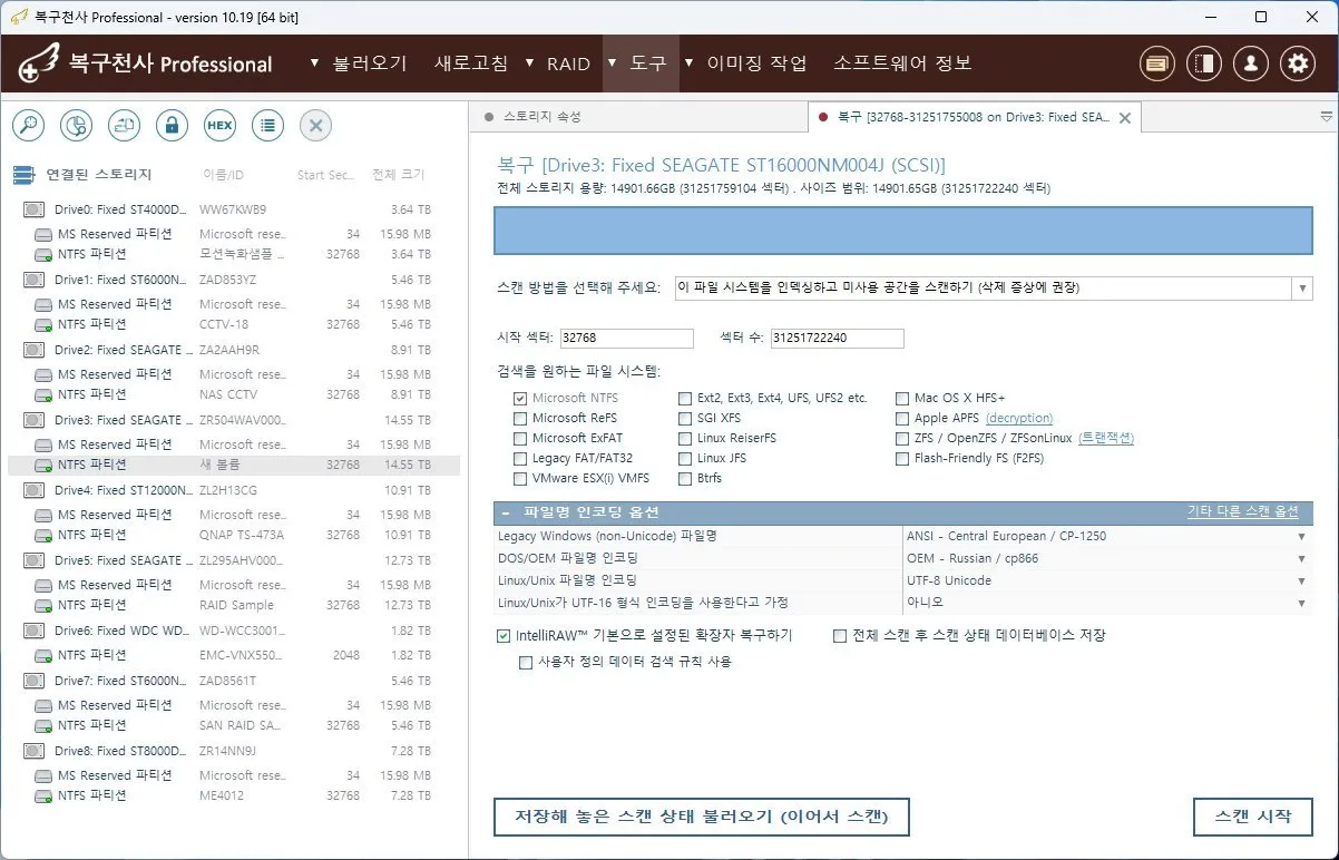 복구천사 PRO 데이터 복구 소프트웨어 메타데이터 분석 및 정밀 스캔 화면 - 파일시스템 선택과 IntelliRAW 옵션 설정