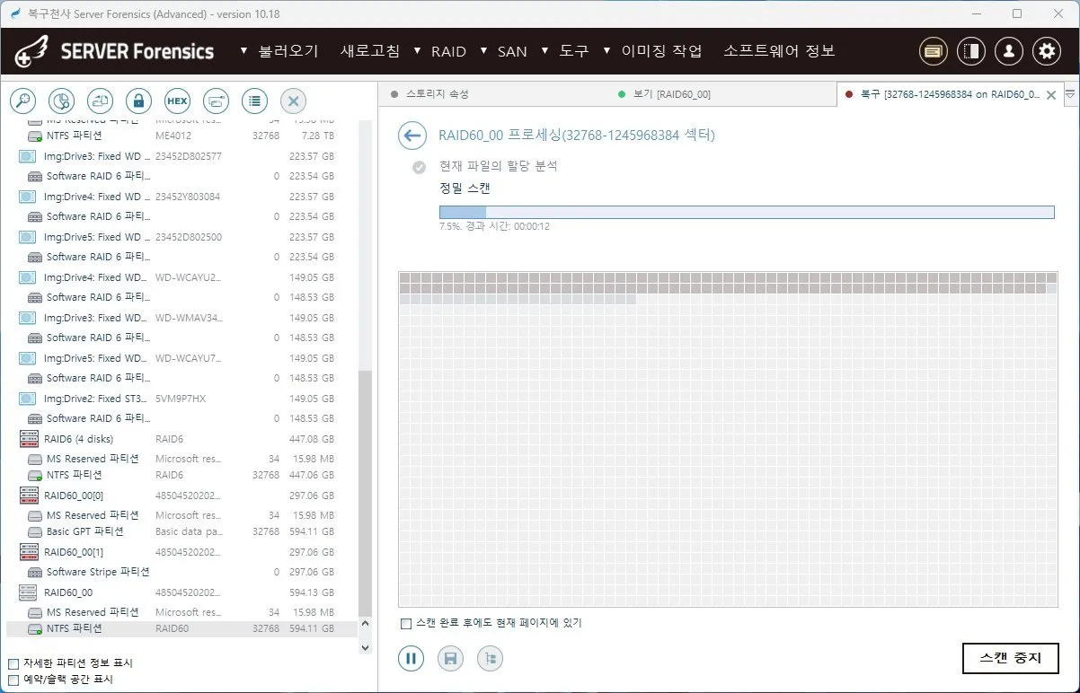 복구천사 SERVER FORENSICS 수사기관 전용 솔루션 - RAID60 정밀 스캔 진행 화면, 메타데이터 분석 및 현재 파일의 할당 분석, 진행률 7.5% 표시 및 가용 섹터 시각화 인터페이스