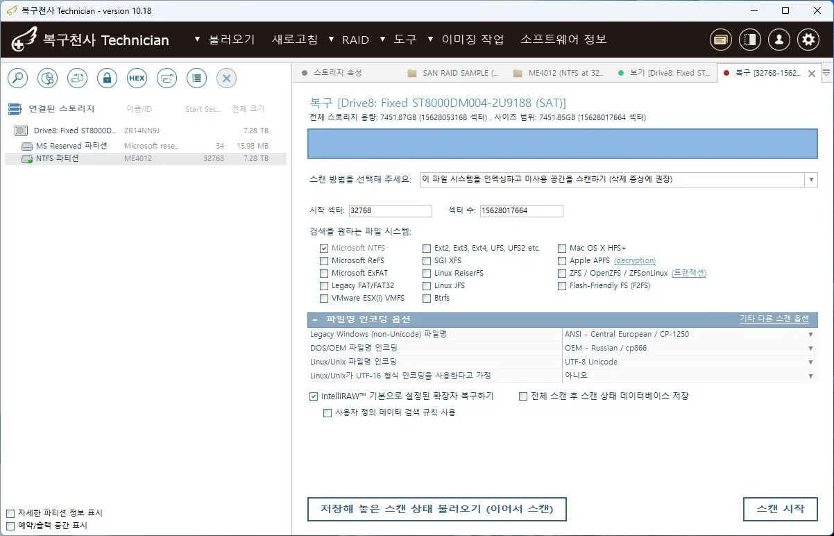 복구천사 TECHNICIAN 데이터 복구 소프트웨어 메타데이터 분석 정밀 스캔 화면 - 파일시스템 선택 및 IntelliRAW 옵션 설정