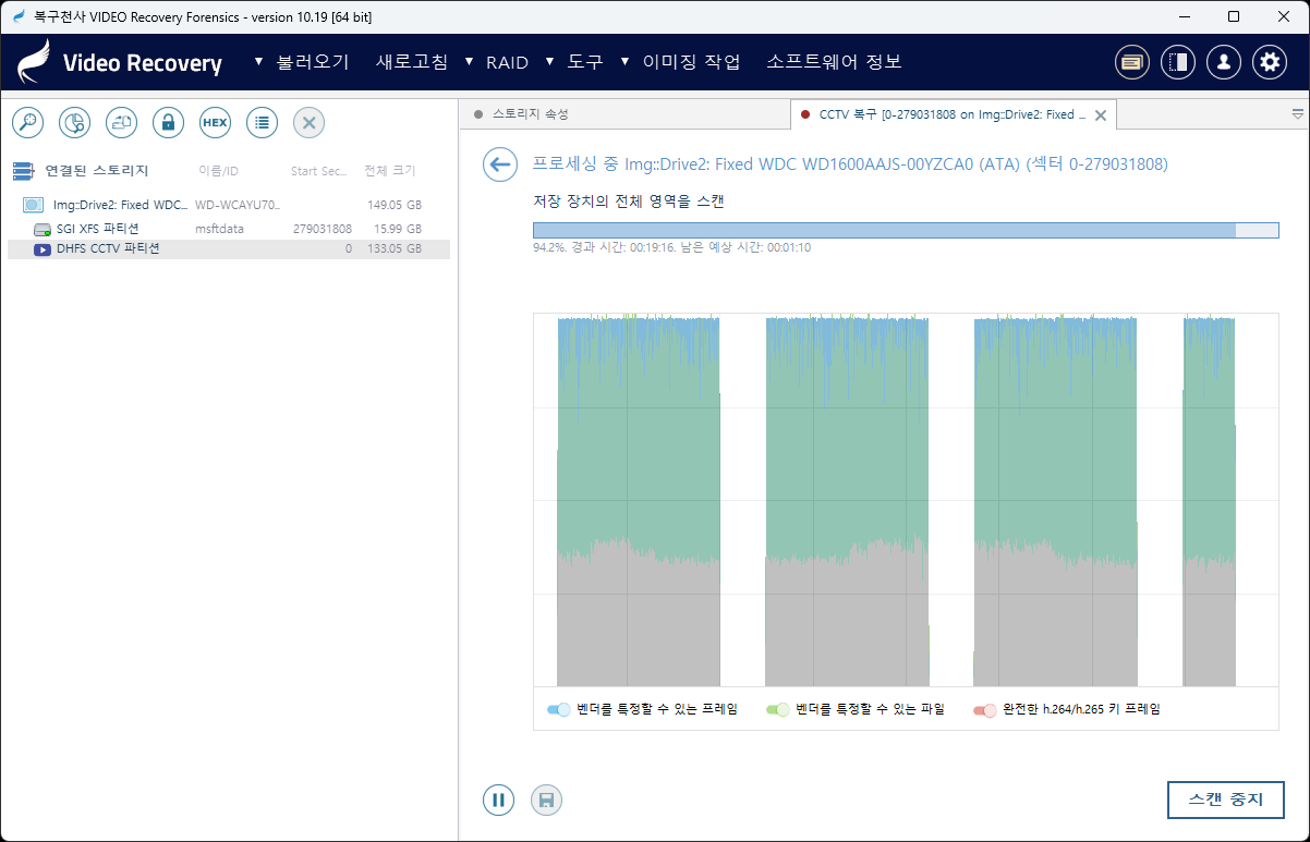 복구천사 VIDEO RECOVERY 정밀한 영상 분석 — 정밀 스캔으로 프레임 단위 영상 시각화 및 삭제 여부·상태 정보 확인 화면